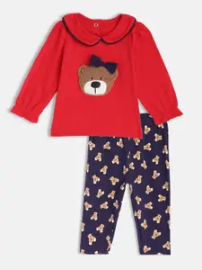 H By Hamleys Girls Red & Navy Blue Printed Top with Trousers