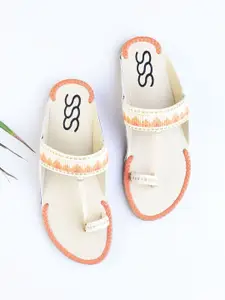 Street Style Store Women Cream-Coloured Embellished Ethnic One Toe Flats