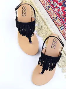 Street Style Store Women Black T-Strap Flats with Tassels