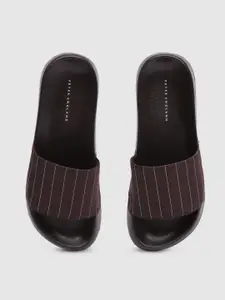 Peter England Men Chocolate Brown Striped Rubber Sliders