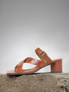 The Roadster Lifestyle Co Women Tan Brown Croc Textured Block Heels with Buckle Detail