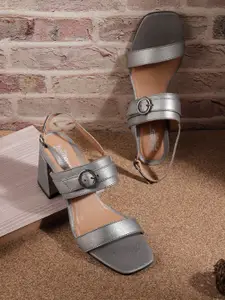 The Roadster Lifestyle Co Women Grey Solid Block Heels with Buckle Detail