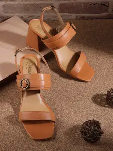 The Roadster Lifestyle Co Women Tan Brown Solid Block Heels with Buckle Detail