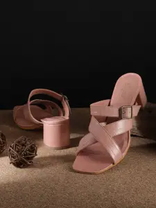 The Roadster Lifestyle Co Women Peach-Coloured Croc Textured Block Heels with Buckle Detail
