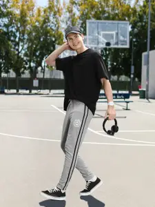 Harvard Men Grey Melange Brand Logo Printed Regular Track Pants With Side Stripes