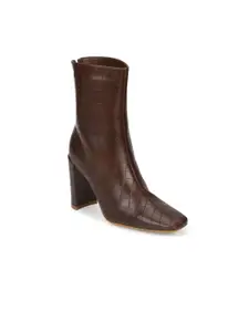 Truffle Collection Brown Textured PU Block Heeled Boots