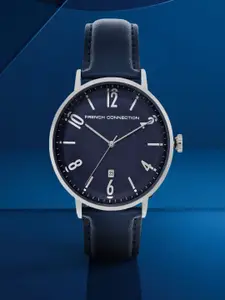 French Connection Men Blue Dial & Blue Leather Straps Analogue Watch FC155U