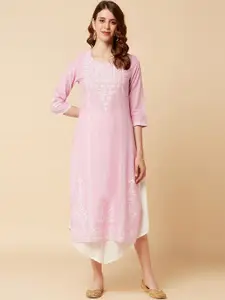 Varanga Pink Ethnic Motifs Layered A-Line Cotton Midi Dress