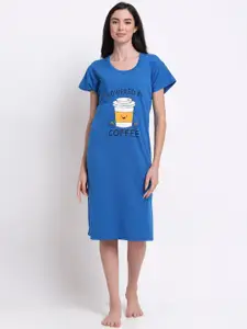 Secret Wish Women Blue Printed Pure Cotton T Shirt Night Dress