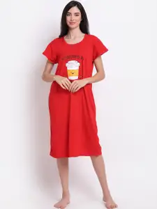 Secret Wish Women Red Printed Pure Cotton T Shirt Night Dress