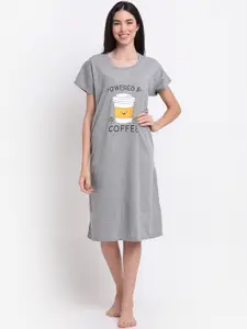 Secret Wish Grey Printed Pure Cotton T-Shirt Nightdress