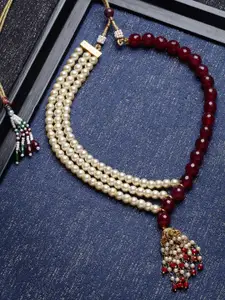 PANASH Maroon & Off-White Gold-Plated Layered Pearls Necklace