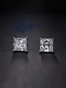 Yellow Chimes Silver-Toned Crystal Studded Square Studs Earrings