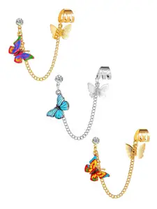 Yellow Chimes Set of 3 Multicoloured Butterfly Charm Hanging Ear Cuff Earrings
