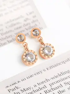 Yellow Chimes Rose-Gold-Toned & White Crystal-Studded Circular Drop Earrings