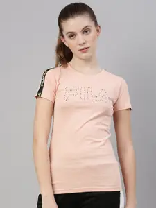 FILA Women Pink & Black Brand Logo Printed Pure Cotton T-shirt