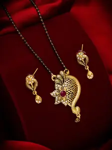 aadita Gold-Plated & Black American Diamond Mangalsutra with Earrings