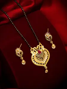 aadita Gold-Plated & Black American Diamond Mangalsutra with Earrings