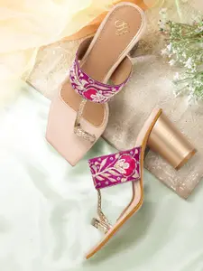 House of Pataudi Pink & Gold-Toned Embellished Block Sandals