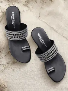Anouk Black & Silver-Toned Embellished Party Wedge Sandals