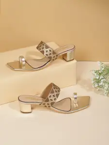 Anouk Gold-Toned & Brown Embellished Block Heels