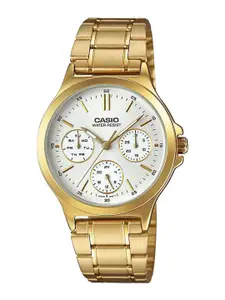 CASIO Women White Printed Dial & Gold Toned Stainless Steel Bracelet Style Straps Analogue Watch A1915