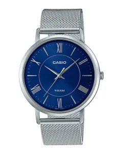 CASIO Men Blue Patterned Dial & Silver Toned Bracelet Style Straps Analogue Watch -A1918