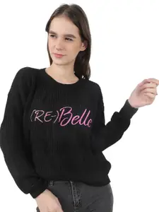 NoBarr Women Black & Pink Typography Acrylic Pullover