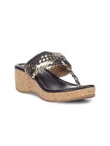 Biba Black & Gold-Toned Wedge Sandals