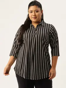 Amydus Women Plus Size Black & White Striped Shirt Style Top