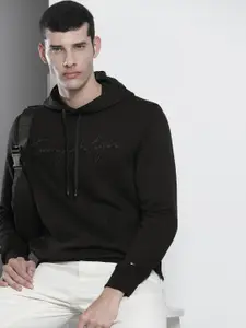 Tommy Hilfiger Men Black Embroidered Hooded Sweatshirt