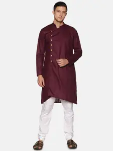 Sethukrishna Men Maroon & White Angrakha Pure Cotton Kurta with Pyjamas