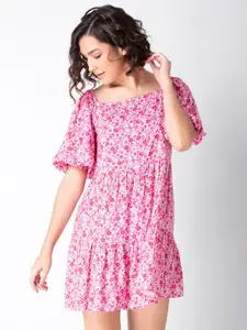 FabAlley Pink Floral A-Line Mini Tiered Dress