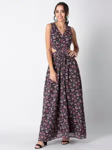 FabAlley Black & Pink Floral Georgette Maxi Dress