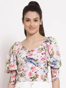 Style Quotient White & Pink Floral Printed Crepe Fitted Top