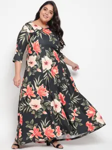 Amydus Women Plus Size Black & Orange Floral Printed Maxi Dress