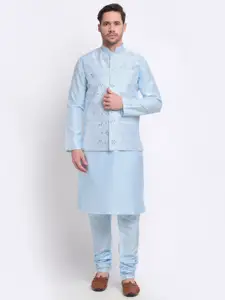 KRAFT INDIA Men Blue Solid Kurta & Churidar with Mirror-Work Nehru Jacket