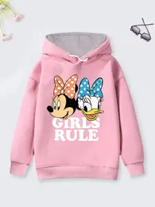 YK Disney Girls Pink Minnie Mouse & Daisy Duck Printed Hooded Sweatshirt
