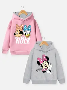 YK Disney Girls Pack Of 2 Pink & Grey Minnie Mouse & Daisy Duck Printed Hooded Sweatshirt