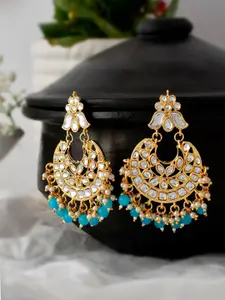 Fabstreet Gold-Plated Blue & White Kundan Studded & Beaded Chandbalis Earrings