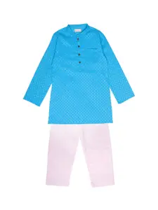 My Little Lambs Boys Turquoise Blue & White Regular Pure Cotton Kurta with Pyjamas