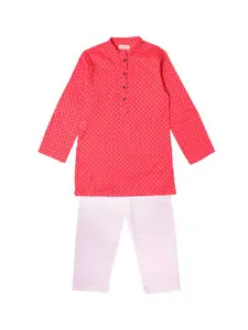 My Little Lambs Boys Coral & White Jacquard Dobby Regular Pure Cotton Kurta with Pyjamas