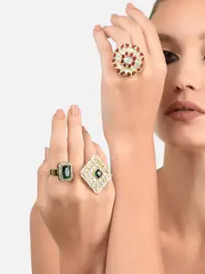 Zaveri Pearls Set of 3 Gold-Plated White& Green Stone Studded Adjustable Finger Rings