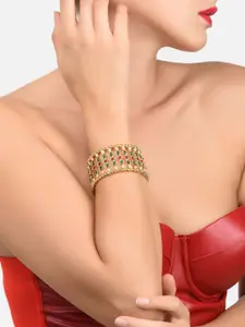 Zaveri Pearls Women Pink & Green Kundan Gold-Plated Cuff Bracelet