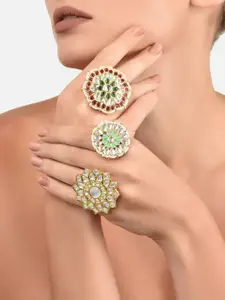 Zaveri Pearls Set Of 3 Gold-Plated Kundan-Studded & Beaded Meenakari Adjustable Finger Rings