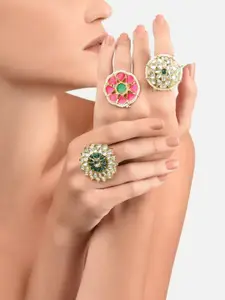 Zaveri Pearls Set Of 3 Gold-Plated Kundan-Studded & Beaded Meenakari Adjustable Finger Rings