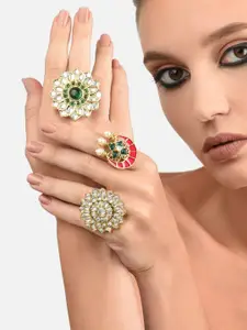 Zaveri Pearls Set of 3 Gold-Plated White & Green Kundan Stone Studded Meenakari Adjustable Finger Rings