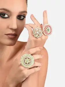 Zaveri Pearls Set of 3 Gold-Plated White Kundan Stone Studded Finger Rings
