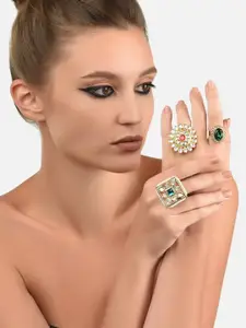 Zaveri Pearls Set Of 3 Gold-Plated Kundan-Studded & Beaded Adjustable Finger Rings