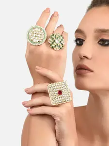 Zaveri Pearls Set Of 3 Gold-plated White & Green Kundan Studded Meenakari Finger Rings